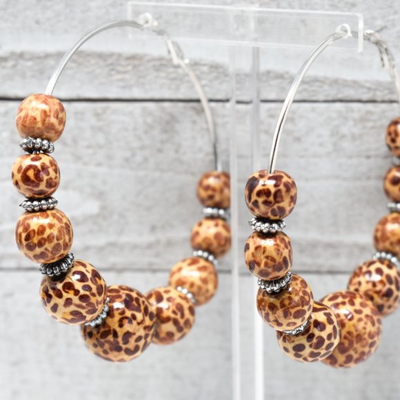 Oversized Wood Leopard Print Bead Hoop Earrings - Picture 9 of 11